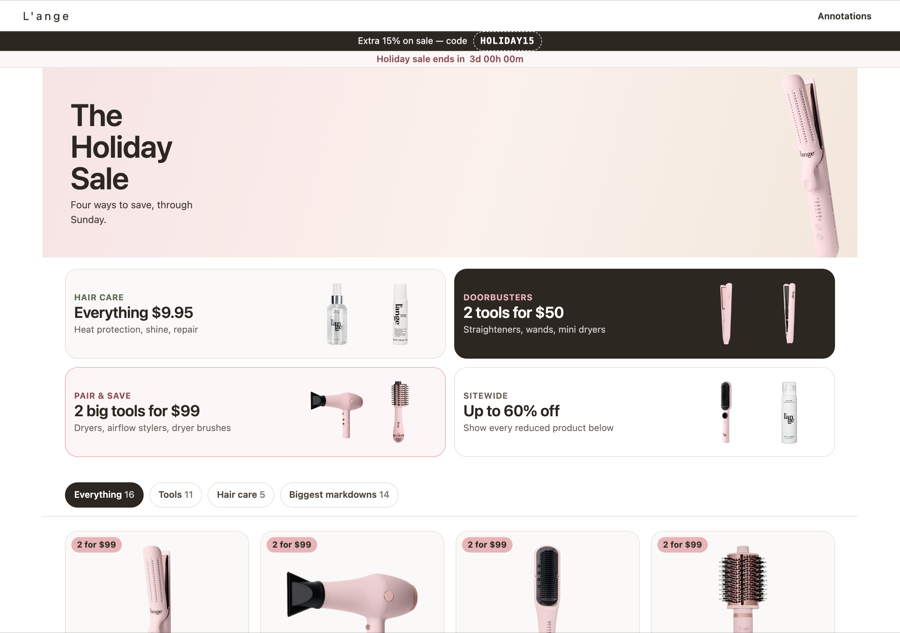 Sale page with a small banner and four stacked offer blocks above the fold