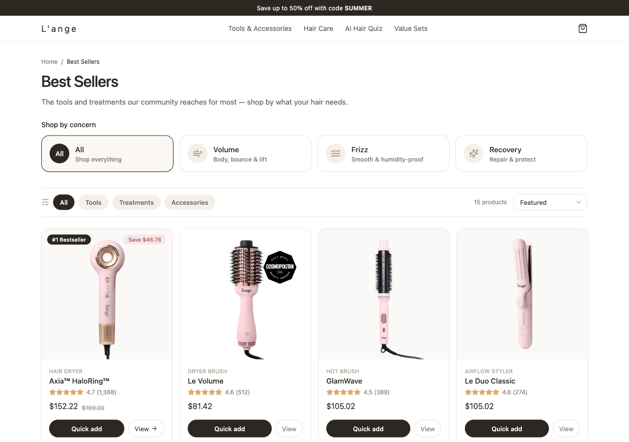 Best Sellers collection page, shop by concern