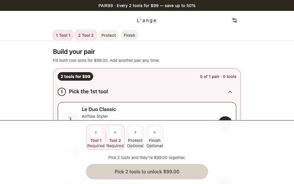 Pair builder with one full-width product row per tool